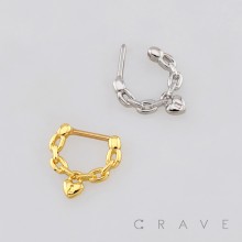 CHAIN LINKED DANGLING HEART LOCK DESIGN SEPTUM CLICKER RING 316L SURGICAL STEEL